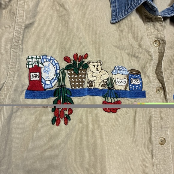 Vintage Let's Quizz Again Corduroy Shirt Womens Medium Embroidered 90s Grandma - Picture 2 of 8